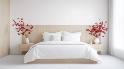 Minimalist bedroom with wooden headboard and red accents.  Simple, clean design with a touch of elegance.  White bedding and light wood furniture create a tranquil atmosphere