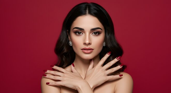 Beautiful woman portrait brunette red nails manicure makeup earrings fashion model studio shot beauty