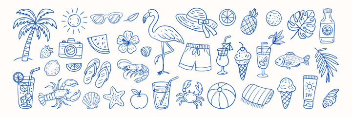A blue and white drawing of a beach scene with various items such as a flamingo, a camera, a cup, a bottle, a hat, a ball, and a fish