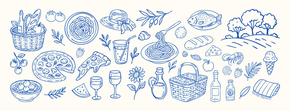 A blue and white drawing of food and drink items. Dolce vita. The drawing is of a picnic italian summer scene with a basket of food and drinks