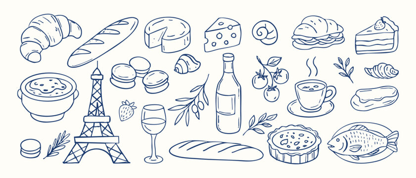A blue and white drawing of french food items with a Paris theme. The drawing includes a variety of food items such as sandwiches, cakes, and drinks like wine and coffee