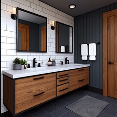 Modern bathroom design featuring double vanity, wooden cabinets, and stylish black fixtures for a sophisticated space.