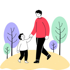Father and toddler walking joyfully in a colorful park  