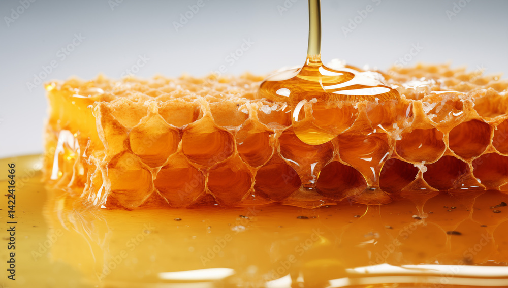 Poster close up shot of honey dripping onto a honeycomb piece with a smooth and reflective surface below it