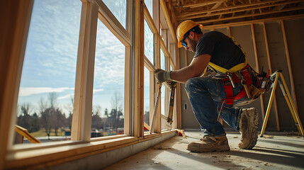 Fototapeta premium Construction Worker Installing Windows in a New Building