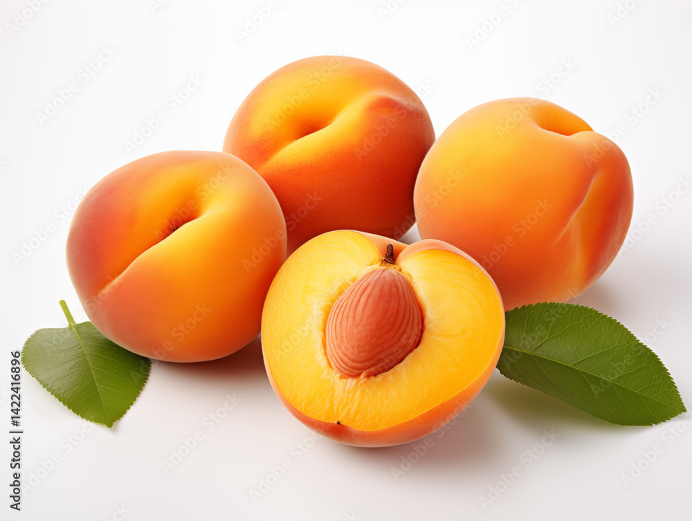 Poster a group of four apricots with one cut in half showing the pit on a white background surface 100