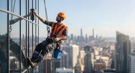 Window cleaner cleaning windows of skyscraper in city with safety gear and harness high rise building worker
