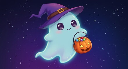 Cute cartoon ghost holding a candy bucket, trick-or-treating on Halloween night, glowing stars, friendly expression, kawaii spooky style, vibrant colors