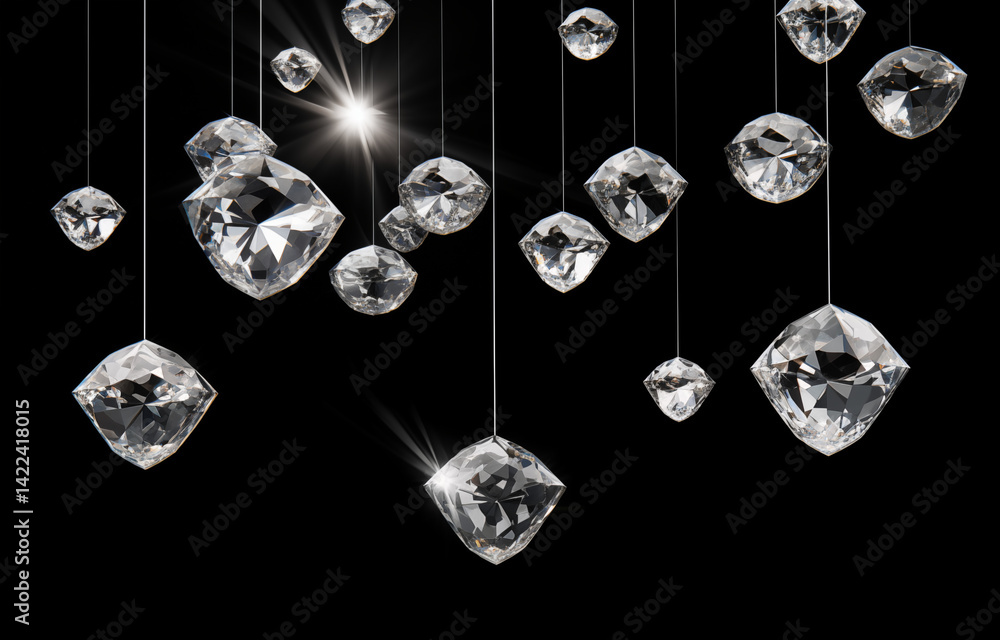 Poster floating diamonds suspended from above with strings against a stark black background design aestheti