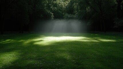 Obraz premium Sunlight beams through forest canopy onto grassy clearing