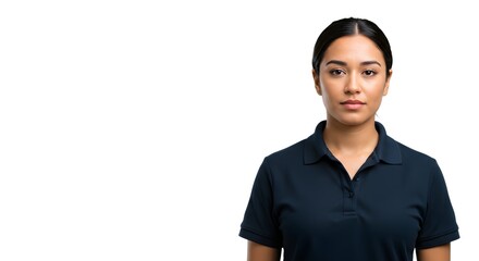 Stock photo of young professional woman in polo shirt on white background for business and corporate use