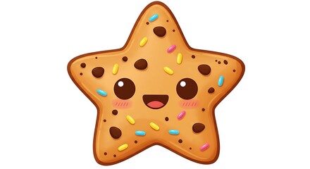 Cute cartoon star-shaped cookie with chocolate chip eyes and a big smile, kawaii dessert style, colorful and fun, isolated on white