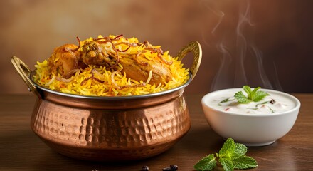 Delicious chicken biryani recipe indian food cuisine served in copper pot with yogurt sauce side dish