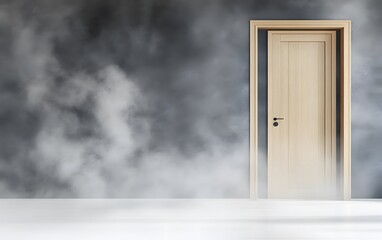 Mysterious Foggy Room with Wooden Door Interior Design