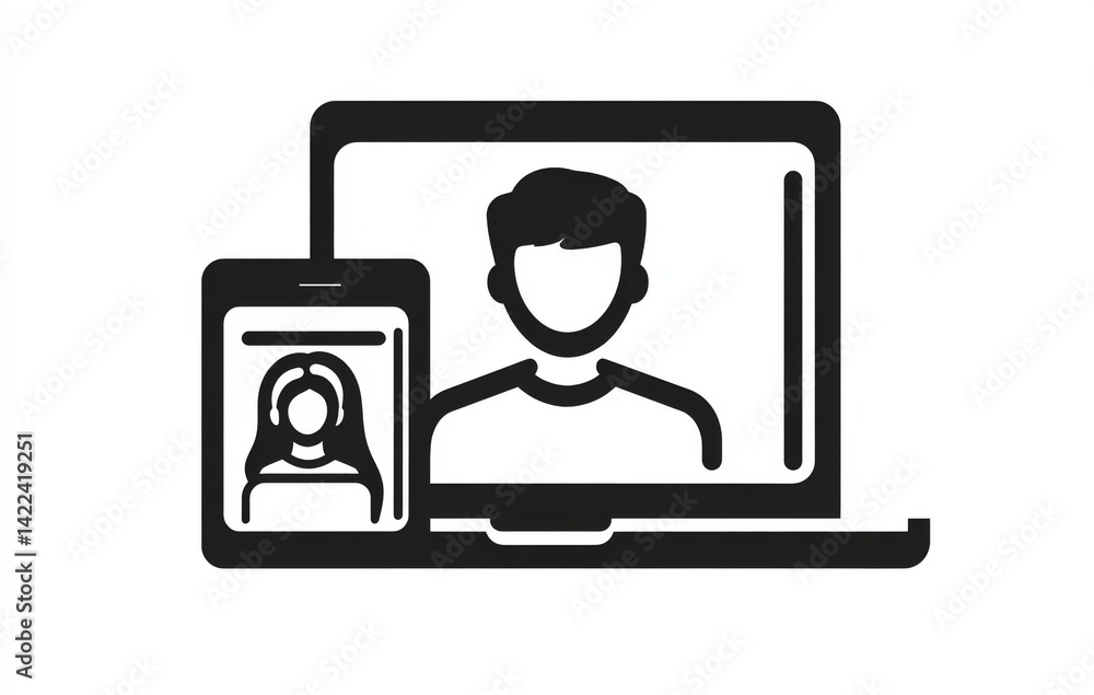 Poster black and white vector icon showing an online profile across multiple devices including a laptop
