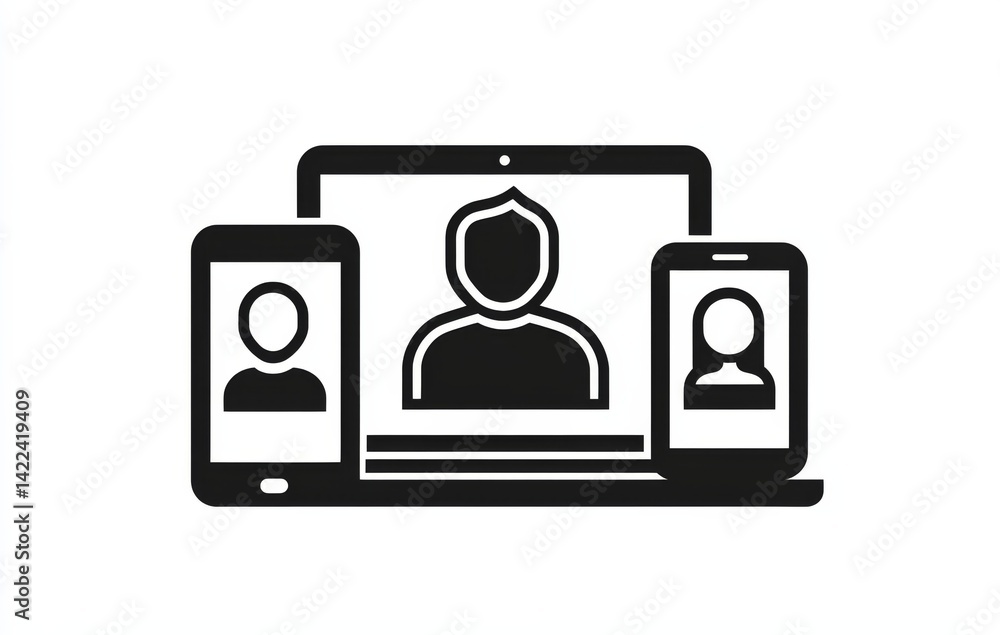 Poster black and white vector icon showing an online profile across multiple devices including a laptop