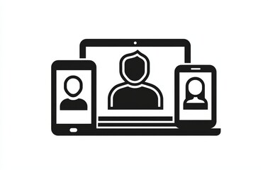Black and white vector icon showing an online profile across multiple devices including a laptop 