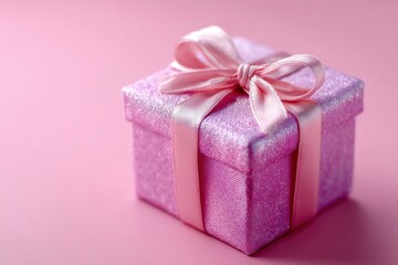 Obraz premium Elegant Pink Gift Box: Delicate Ribbon, Soft Sparkle, Romantic Mood
