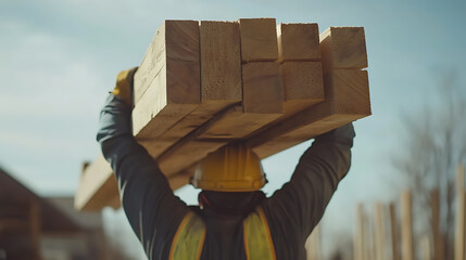 Construction Worker Carrying Wooden Beams