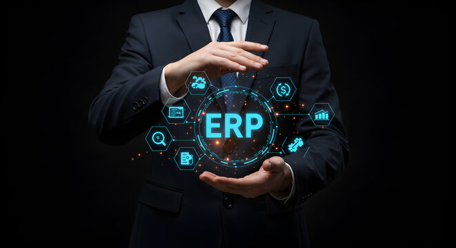 A businessman holding a glowing erp system interface with various business related icons around it