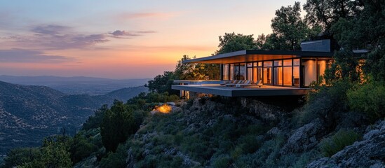 Obraz premium Modern mountain house at sunset overlooking valley.