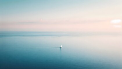 Solitary sailboat on serene blue sea with clear horizon and pale sky evoking peaceful minimalist ocean vibe