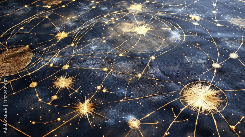 Aufkleber the dark fabric features celestial objects with golden threads and lights