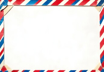 Fototapeta premium A blank white background with a highly detailed airmail border in red, blue, and cream colors. 