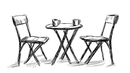Outdoor Cafe Sketch, Two Chairs, Table, and Cups
