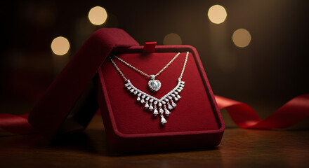 Luxurious Diamond Necklace Gift: A stunning brilliant-cut diamond necklace, featuring an elegant layered design with a delicate heart pendant and an intricate cascade of sparkling gems.