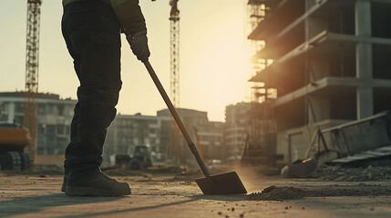 Construction Worker Using Shovel at Sunset