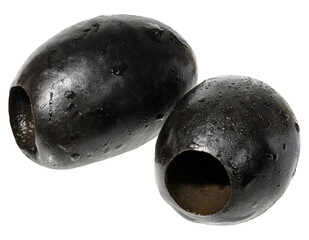 Two smooth, pitted black olives, isolated  background.