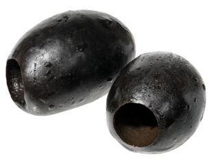 Two smooth, pitted black olives, isolated  background.