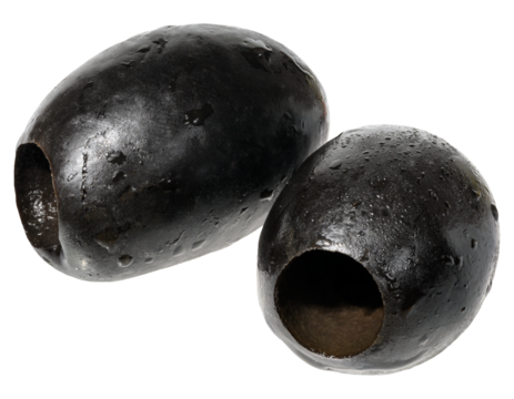 Two smooth, pitted black olives, isolated  background.
