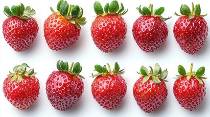 Fresh strawberries arranged in a row on a white background, ideal for culinary use
