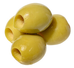 Small cluster of four smooth, pitted green olives,  isolated background.
