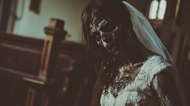Horrifying zombie bride in church dark spooky halloween costume scary undead horror grim scene pale
