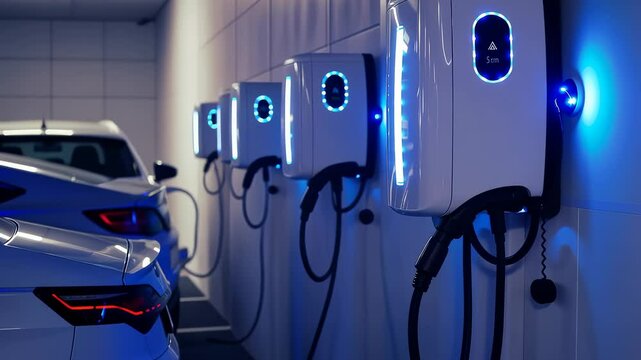 Features several EV chargers in row, likely in parking structure, each equipped with charging cable. A white car is partially seen connected to one chargers. Bright blue lights accent equipment