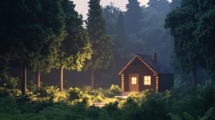 Illuminated wooden cabin nestled within a dense, tranquil forest at twilight.