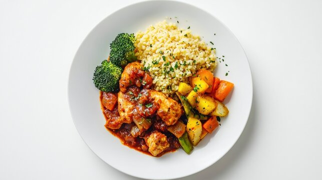 Delicious harissa chicken served with couscous and mixed vegetables on a white round plate in flatlay photography