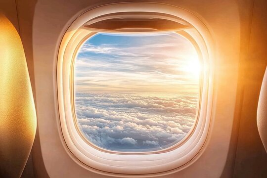 Airplane window view of clouds and sunset