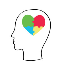
Linear profile, silhouette of a person with a heart in the form of a puzzle in his head. Symbol of autism, mental diversity. Vector graphics.