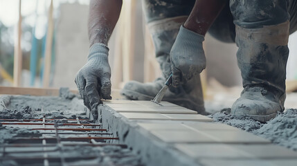 Construction Worker Laying Concrete Blocks