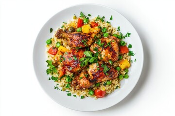 Delicious harissa chicken served with fluffy couscous and vibrant mixed vegetables on a white round plate enhancing the appetizing flatlay presentation