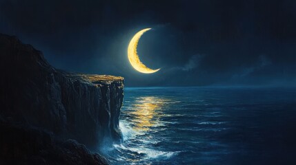 Dramatic night seascape with a crescent moon above a rocky cliff overlooking the ocean.