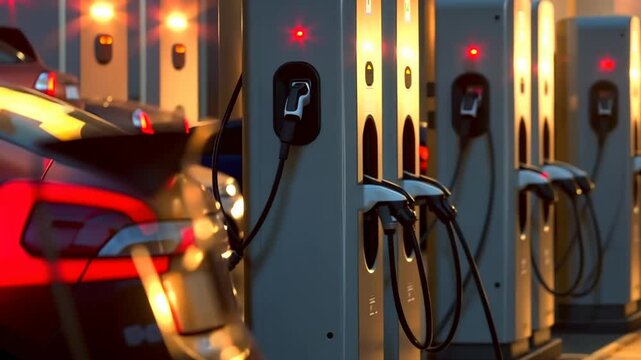 A row electric vehicle charging stations with cables plugged into cars, suggesting eco-friendly approach to transportation. Sscene depicts sustainable mobility solutions with focus on public charging