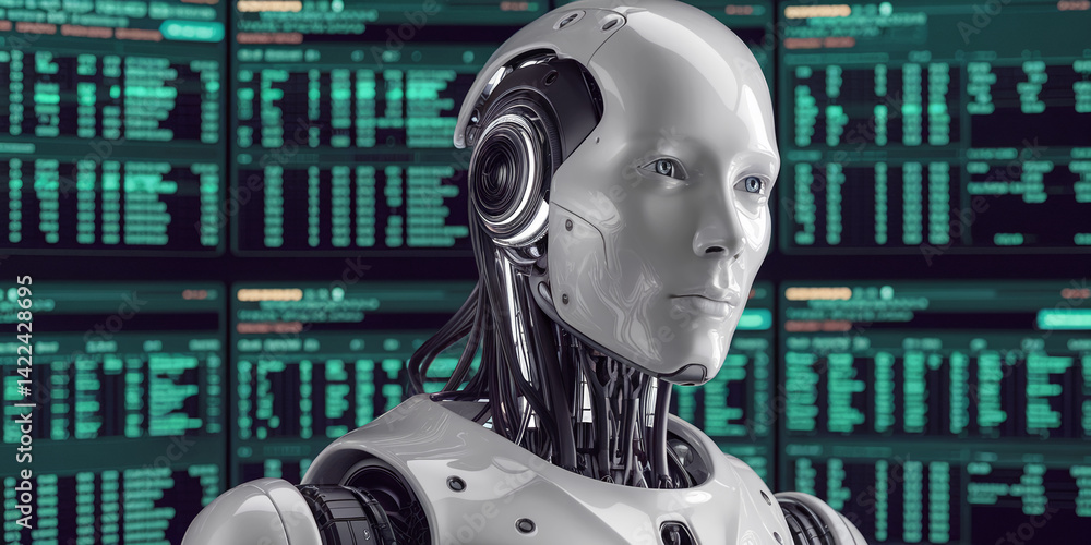 Poster close-up of a white humanoid robot, showcasing intricate mechanical details against a blurred backgr