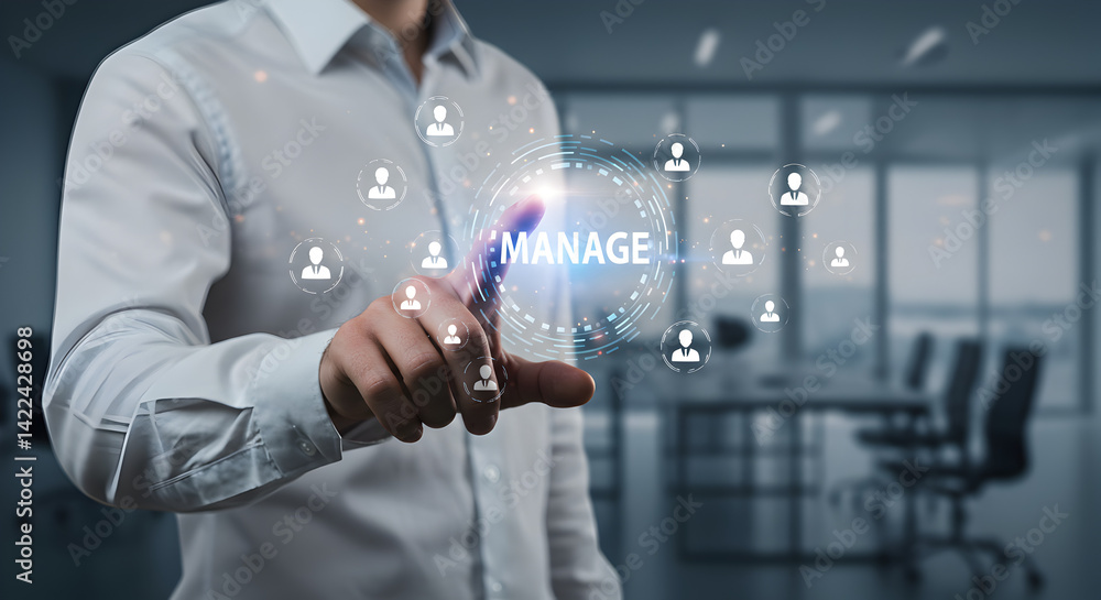 Aufkleber man touching manage interface with digital icons in a bright office environment for business use