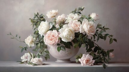 Delicate pastel roses in a vintage vase.