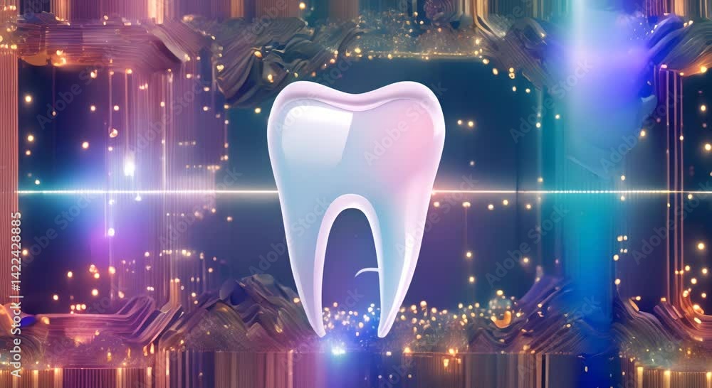 Poster an intricately designed digital tooth with glowing elements representing modern technology mingled w